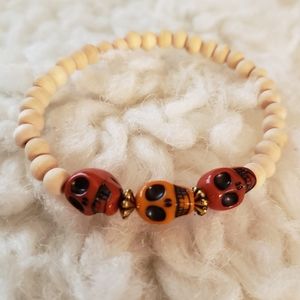 Red and Orange Skulls and Wood Beaded Boho Bracelet